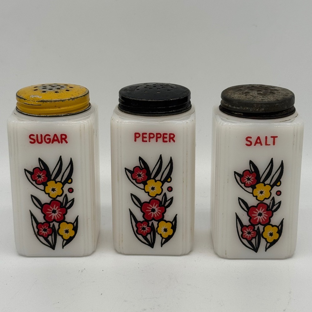 Vintage McKee Tipp City Milk Glass Sugar Salt Pepper Range Shaker Set Flower 40s